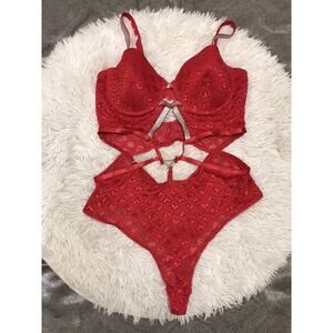 BodyRage Curve Red Lace Bodysuit Lingerie Rhinestone Heart Valentines 2X PLUS
